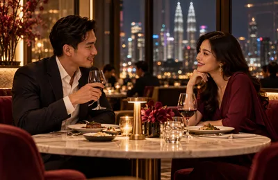 Ilustrasi editorial pasangan berbual dalam suasana makan malam yang elegan
